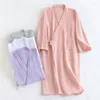 Women's Sleepwear Japanese Cotton Crepe Kimono Nightgown Three-quarter Sleeve Women's Spring Summer Thin Solid Bathrobe Home Service