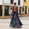 Work Dresses Women Summer Long Sleeve Backless Embroidery Floral Print Hollow Out Mesh See Through Flowers Maxi 220902