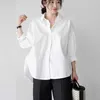 Autumn Korean Chic Style Cotton White Shirt Office Lady Basic Solid Blue Women Loose Side Split Casual Long Sleeve Tops