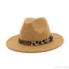 New Wool Fedora Hat Hawkins شعرت Cap Brim Women Men Jazz Church Capther Panama Cap with Leopard Leather Belt284Q