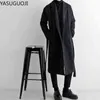 Herenpakken blazers yasuguoji vesten combineren jas met riem overjas mannelijke winter nieuwe zwarte turn down kraag lange mannen kleding l220902