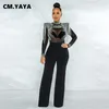 Women's Jumpsuits Rompers CM.YAYA Women Solid High Collar Drill Mesh Shoulder Cotton Long Sleeves Straight Sexy Party Outfits 220902