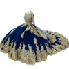 Abiti da principessa Quinceanera a maniche lunghe blu royal Corsetto con lacci Applicazioni in oro Perle Perline Prom Sweet 16 Abiti da 15 anos