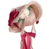 Wide Brim Hats 667E Elegant Lolita French Hat Lace Flower Ribbon Bonnet Flat Straw For Beach