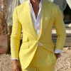 Мужские костюмы желтые льняные мужчины для летнего пляжа Slim Fit 2 штука свадебного жениха смокинга мужской модный костюм с брюками