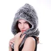 Real Rex Rabbit Fur Hat Scarf One-Pieces Women Earmuffs Snow Cap Hand-Woven Soft