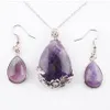 Guarigione Collana di cristallo viola Orecchini Set Goccia d'acqua Reiki Ciondolo in pietra di ametista naturale per set di gioielli da donna Regalo Q3074