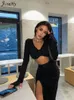 Casual Dresses JuSaHy Elegant Solid Black Womens Two Pieces Sets Long Sleeves Crop Top High Waist Side Slit Skirts Matching Streetwear 220902
