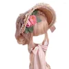 Wide Brim Hats 667E Elegant Lolita French Hat Lace Flower Ribbon Bonnet Flat Straw For Beach