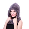 Real Rex Rabbit Fur Hat Scarf One-Pieces Women Earmuffs Snow Cap Hand-Woven Soft