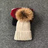 겨울 여자 니트 비니 진짜 너구리 모피 폼폼 모자 따뜻한 청키 두꺼운 신축성 모자