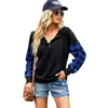 Dames t shirts dames knoop kraag sweatshirt met lange mouwen pullover trekkingskapsels met pocket plaid stiksels bedrukte tops