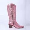 Boots Cowboy Pink Cowgirl Boots for Women 2022 Zip geborduurde puntige teen chunky hiel midden kalf westerse laarzen shinny schoenen 220903