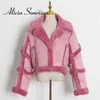 Women's Down Parkas 2021 Winter Faux Fur Coat Women Double-faced Turn-down Collar Lamb Fur Patchwork Thick Warm Fashion Pink Jacket Femme T220905