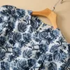 2023 Round Neck Jacquard Blue Floral Dress Print Long Sleeve Panelled Long Maxi Dresses 22S021350D