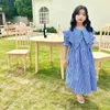 Girl Dresses 100% Cotton Maxi Long Teen Kids Girls Plaid Dress Children Summer 2022 Green Blue Black Lantern Sleeve Baby Clothes