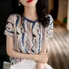 Women's T Shirts Short-sleeve T-shirt Women Basic Blouses Vintage O Neck Summer Tops Fashion Striped Print Stitching Chiffon Tee Shirt