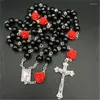 Chaînes 6mm Bijoux Religieux Cadeau Rose Bloem Verre Imitation Parel Vierge Marie Cintres Croix Chapelet Collier