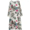 Casual Dresses Vintage Midi Print Dress Women Long Sleeve O-Neck Cotton And Linen Ladies Floral Loose