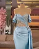 Sky Blue Mermaid Prom Dresses Off The Shoulder Beaded Sexy High Side Split Satin Women Gowns Long Formal Evening Dress