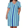 플러스 사이즈 드레스 수직 스트라이프 드레스 v 넥 파란색과 흰색 스트리트웨어 여름 귀여운 캐주얼 여자 패턴 옷