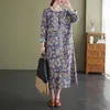 Casual Dresses Vintage Midi Print Dress Women Long Sleeve O-Neck Cotton And Linen Ladies Floral Loose