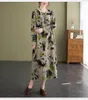 Casual Kleider Vintage Midi Print Kleid Frauen Langarm Oansatz Baumwolle und Leinen Damen Floral Lose