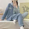 Womens Sleepwear QUHENG Autumn Winter Pajamas for Women Pure Cotton Long Sleeve Lattice Cardigan Leisure Home Clothing Sleepwear Women Suit 220902