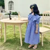 Girl Dresses 100% Cotton Maxi Long Teen Kids Girls Plaid Dress Children Summer 2022 Green Blue Black Lantern Sleeve Baby Clothes