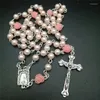 Chaînes 6mm Bijoux Religieux Cadeau Rose Bloem Verre Imitation Parel Vierge Marie Cintres Croix Chapelet Collier