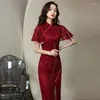 Etnik Giyim Sonbahar Kış Çin tarzı Lady Cheongsam Uzun Sıkı Sıkı Zarif Dantel Tassel İnci Qipao Vintage Kırmızı Günlük Parti Elbise S-3XL