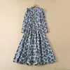 2023 Spring Round Neck Jacquard Blue Floral Dress Print Long Sleeve Panelled Long Maxi Dresses 22S021350D