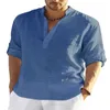 2023 camisa de manga larga de lino para hombre, camiseta holgada, camisa de lino de algodón de manga larga de Color sólido para hombre de talla grande