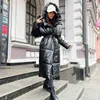 Mulheres de parkas com capuz Pu parkas feminino Moda gravata Belém Casacos Mulheres elegantes sólidos couro falso de couro longo longo de legendas femininas T220902