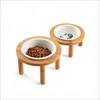 Dog Bowls Feeders Cat Dog Bowls Stand Ceramic Cats Dogs Drinking Water Food Bowl Standing Bamboo Elevated Small Pet Fe Homeindustry Dhkbg