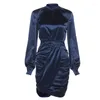 Casual Dresses Elegantes solides Minikleid für Frauen Herbst Halbhoher Kragen Langarm Büro Damen Seidige Gerade Softy Formale Vestidos