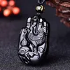 Anhänger Halsketten Großhandel Schwarz Natürlicher Obsidian Stein Anhänger Geschnitzte Buddha Hand Huhn Glück Amulett Halskette Für Frauen Männer Schmuck