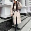 Mulheres de parkas com capuz Pu parkas feminino Moda gravata Belém Casacos Mulheres elegantes sólidos couro falso de couro longo longo de legendas femininas T220902