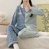 Damen-Nachtwäsche QUHENG Herbst-Winter-Pyjama für Damen, reine Baumwolle, langärmelig, Gitter-Cardigan, Freizeit-Hauskleidung, Nachtwäsche, Damen-Anzug 220902