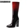 Bottes mode dégradé laque cuir femmes chaussures automne hiver Chelsea talon haut femme genou dames pluie bottes de neige rouge 220903