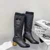 2023ss femmes Genou Bottes Femmes Doux Vers Le Bas Chaussure Designer Mi Talon Chaussures En Nylon Imperméable Supérieur Hiver Botte Bonne Qualité Grande Taille 35-41