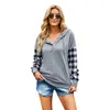 Dames t shirts dames knoop kraag sweatshirt met lange mouwen pullover trekkingskapsels met pocket plaid stiksels bedrukte tops