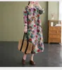 Robes décontractées Vintage Robe mi-longue imprimée Femmes Manches longues O-cou Coton et lin Dames Floral Lâche