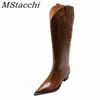 Bottes Mstapchi Sexy Street Woman Punch Shoe Crocodile Print Raw Heel Leather Party Slip on Shoes Platform Knee Gothic 220903