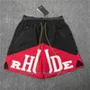 22FW NOUVEAU hip-hop RHUDE Shorts Hommes Femmes 1 1 Haute Qualité Rhude Washed Black Red Splicing Mesh Breeches Shorts