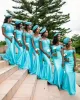 Lichtblauwe satijnen bruidsmeisje jurken riemen kanten applique kralen ruches plooien vloeren lengte meid van honor jurk vestidos op maat gemaakte plus maat 403
