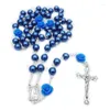 Chaînes 6mm Bijoux Religieux Cadeau Rose Bloem Verre Imitation Parel Vierge Marie Cintres Croix Chapelet Collier