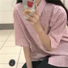 Blouses feminina Houzhou xadrez xadrez para meninas adolescentes verão harajuku de tamanho curto de manga curta checada botão rosa