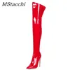 Stivali Mstapchi Donna sopra il ginocchio Donna alta in pelle laccata Tacco elasticizzato Sexy Ladies Be Toe Thin Botas Mujer 220901