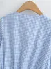 Blusas para mujeres Yenkye 2022 Fashion Women Knot Hem Single-Breasted Blue Blouse Camisa de manga larga V Currato de verano Damas Top de verano